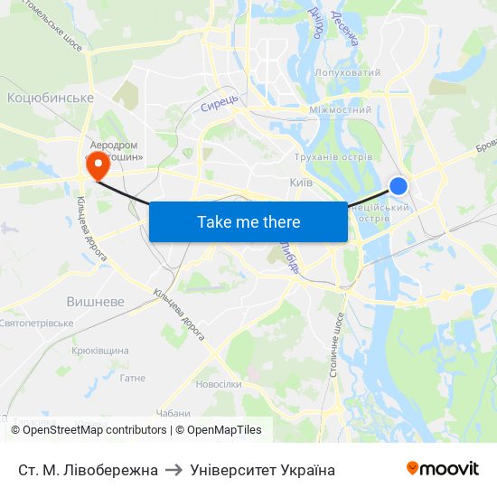 Ст. М. Лівобережна to Університет Україна map