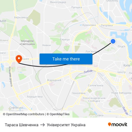 Тараса Шевченка to Університет Україна map