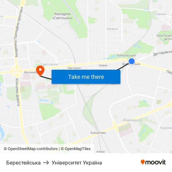 Берестейська to Університет Україна map