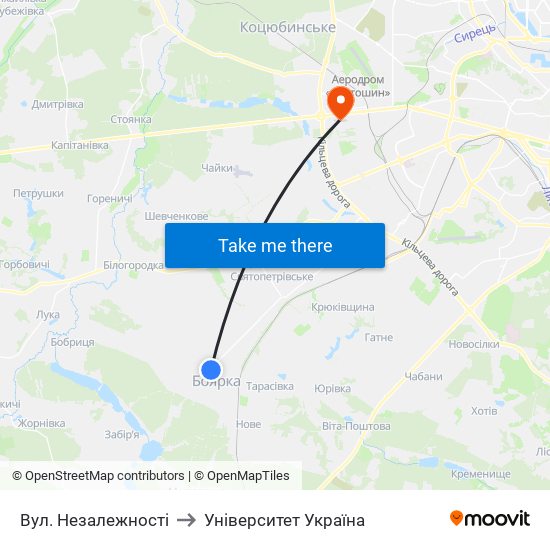 Вул. Незалежності to Університет Україна map