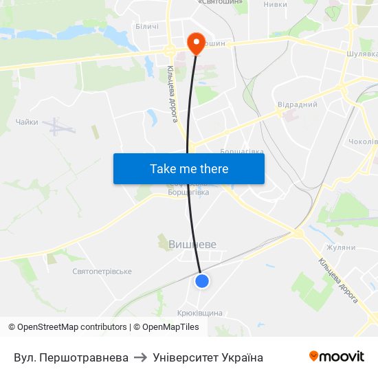 Вул. Першотравнева to Університет Україна map