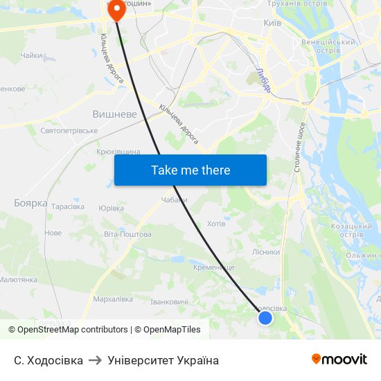 С. Ходосівка to Університет Україна map