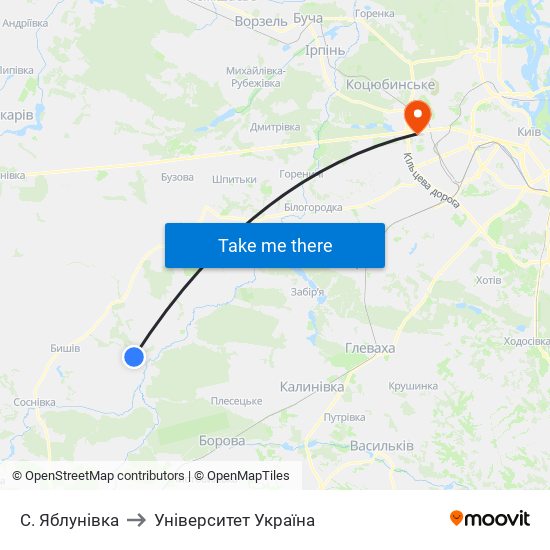 С. Яблунівка to Університет Україна map