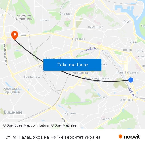 Ст. М. Палац Україна to Університет Україна map