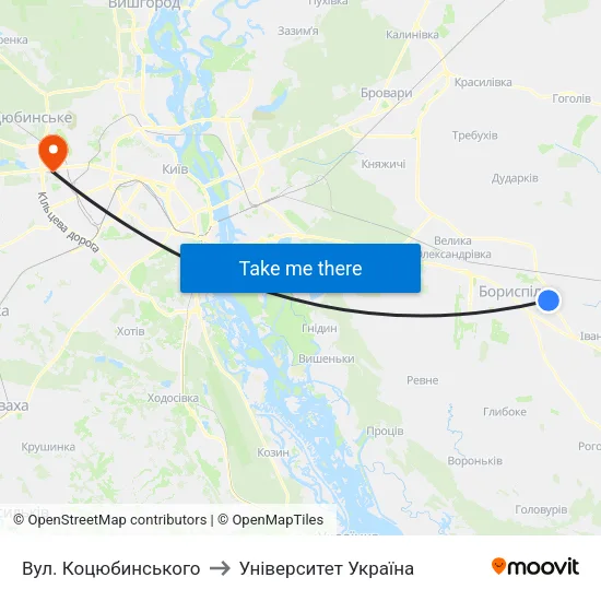Вул. Коцюбинського to Університет Україна map