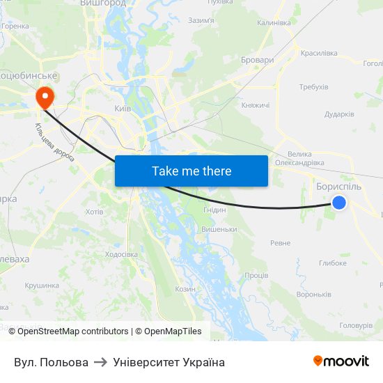 Вул. Польова to Університет Україна map