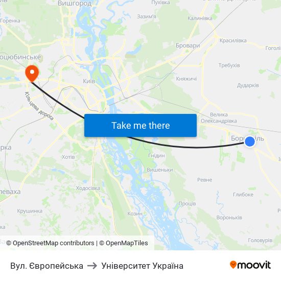 Вул. Європейська to Університет Україна map