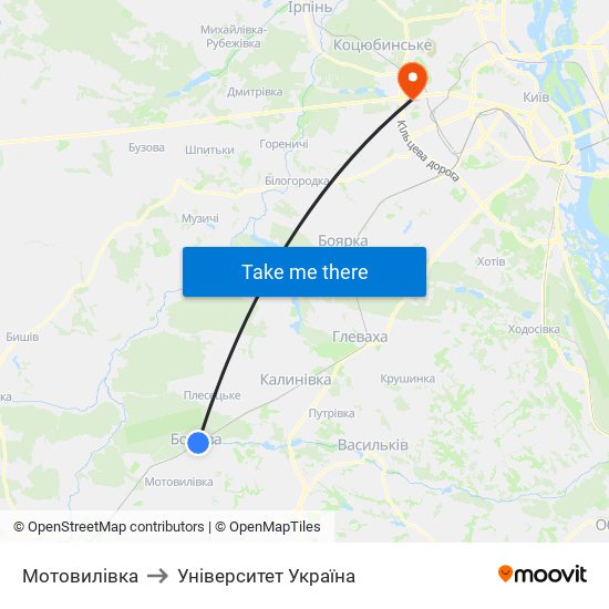 Мотовилівка to Університет Україна map