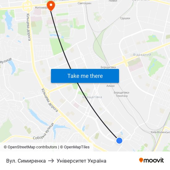 Вул. Симиренка to Університет Україна map