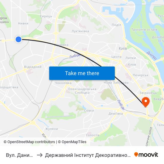 Вул. Данила Щербаківського to Державний Інститут Декоративно-Прикладного Мистецтва І Дизайну Імені М. Бойчука map