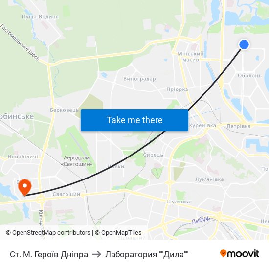 Ст. М. Героїв Дніпра to Лаборатория ""Дила"" map