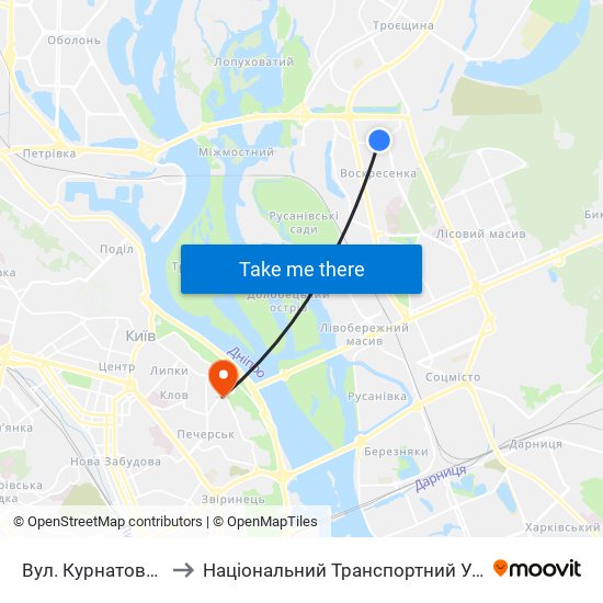 Вул. Курнатовського to Національний Транспортний Університет map