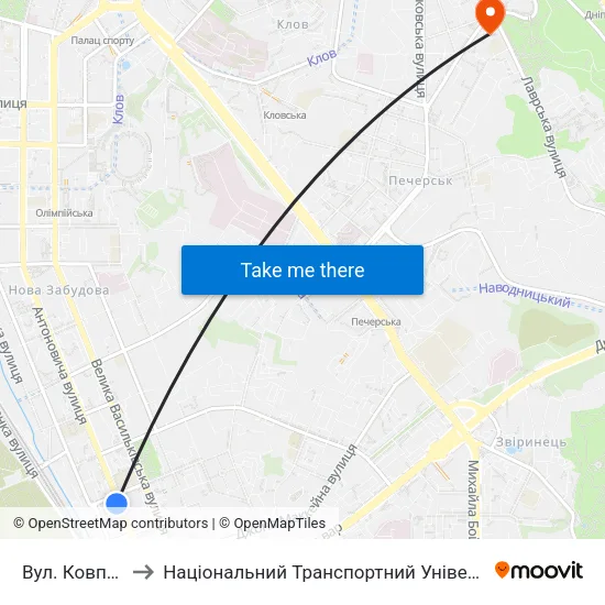 Вул. Ковпака to Національний Транспортний Університет map
