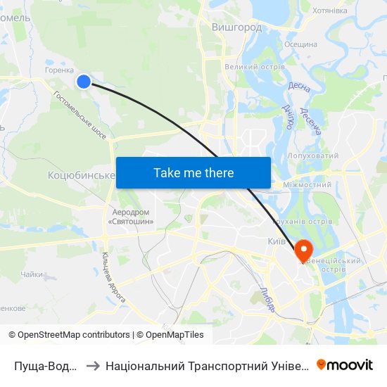 Пуща-Водиця to Національний Транспортний Університет map