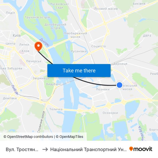 Вул. Тростянецька to Національний Транспортний Університет map