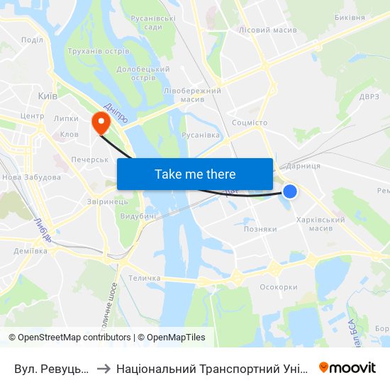 Вул. Ревуцького to Національний Транспортний Університет map