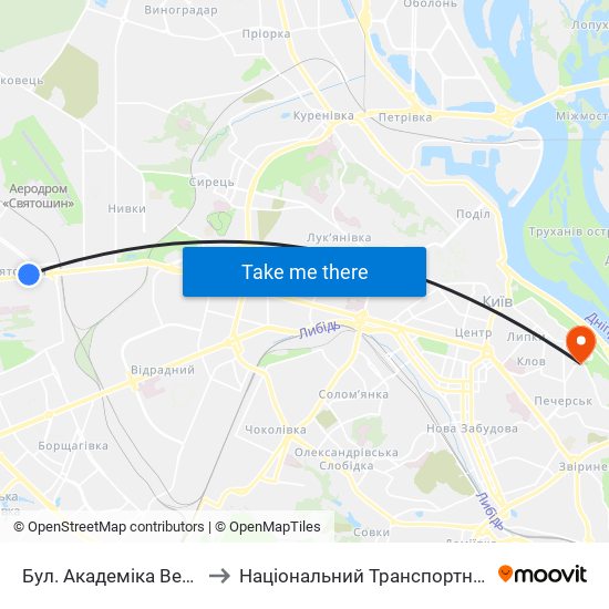 Бул. Академіка Вернадського to Національний Транспортний Університет map