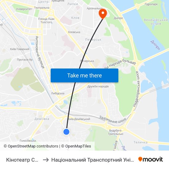 Кінотеатр Салют to Національний Транспортний Університет map