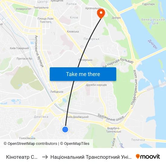 Кінотеатр Салют to Національний Транспортний Університет map