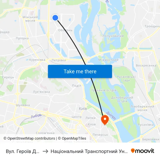 Вул. Героїв Дніпра to Національний Транспортний Університет map