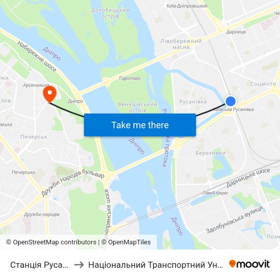 Станція Русанівка to Національний Транспортний Університет map