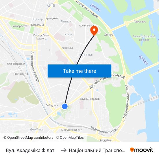 Вул. Академіка Філатова (На Вимогу) to Національний Транспортний Університет map