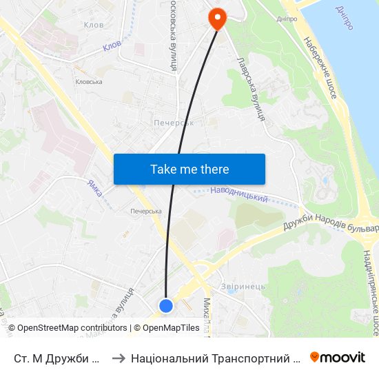 Ст. М Дружби Народів to Національний Транспортний Університет map