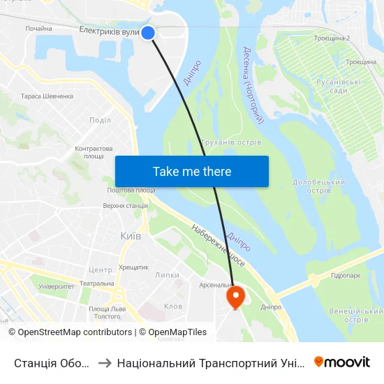 Станція Оболонь to Національний Транспортний Університет map