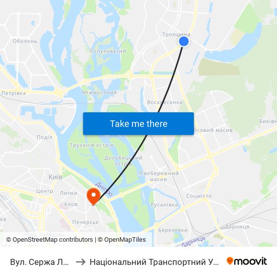 Вул. Сержа Лифаря to Національний Транспортний Університет map