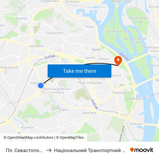 Пл. Севастопольська to Національний Транспортний Університет map