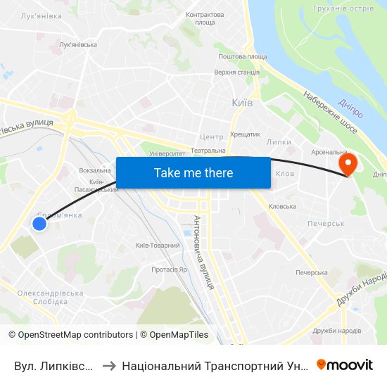 Вул. Липківського to Національний Транспортний Університет map