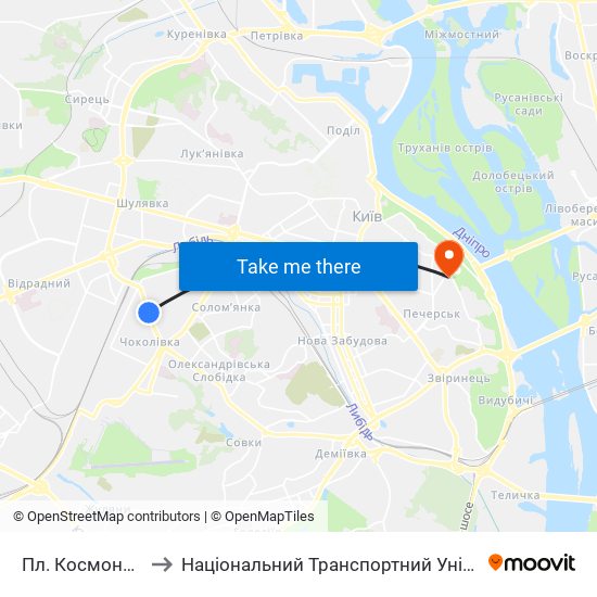 Пл. Космонавтів to Національний Транспортний Університет map