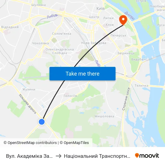 Вул. Академіка Заболотного to Національний Транспортний Університет map
