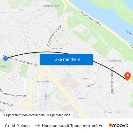 Ст. М. Університет to Національний Транспортний Університет map