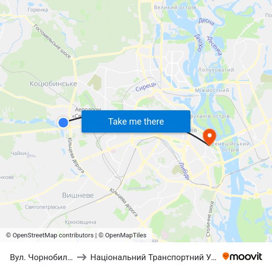Вул. Чорнобильська to Національний Транспортний Університет map