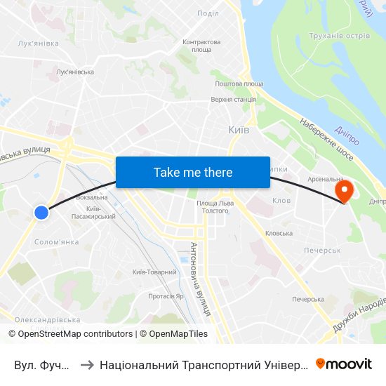 Вул. Фучика to Національний Транспортний Університет map