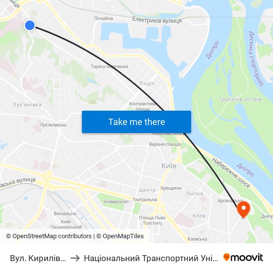 Вул. Кирилівська to Національний Транспортний Університет map