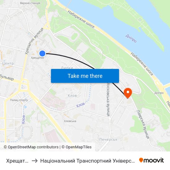 Хрещатик to Національний Транспортний Університет map