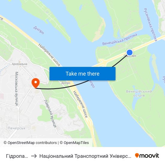 Гідропарк to Національний Транспортний Університет map
