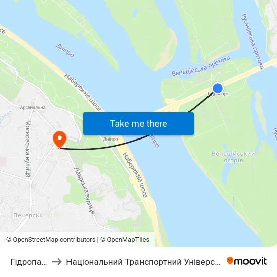 Гідропарк to Національний Транспортний Університет map