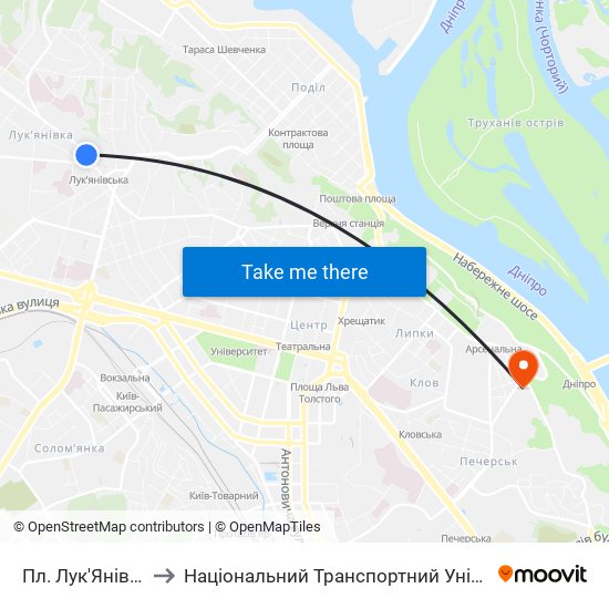 Пл. Лук'Янівська to Національний Транспортний Університет map