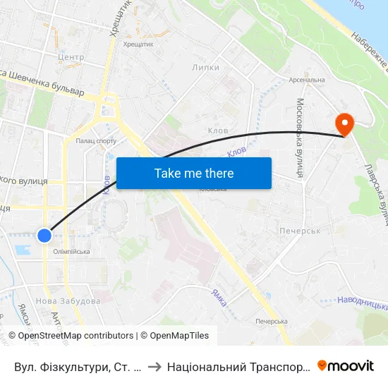 Вул. Фізкультури, Ст. М. Олімпійська to Національний Транспортний Університет map