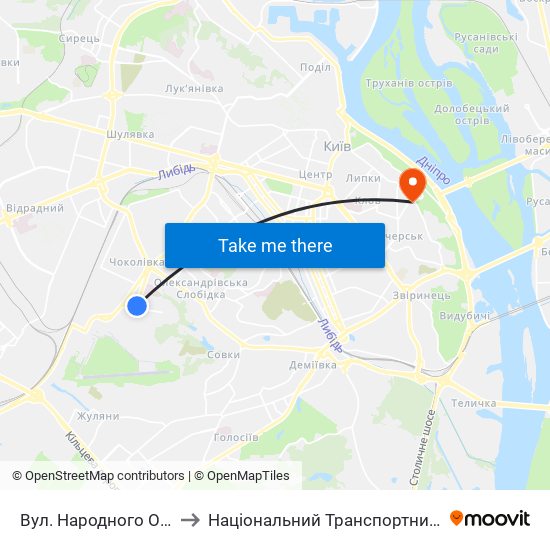 Вул. Народного Ополчення to Національний Транспортний Університет map