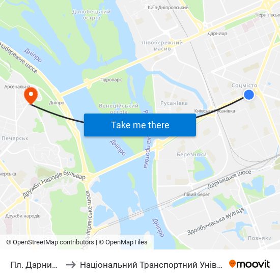 Пл. Дарницька to Національний Транспортний Університет map