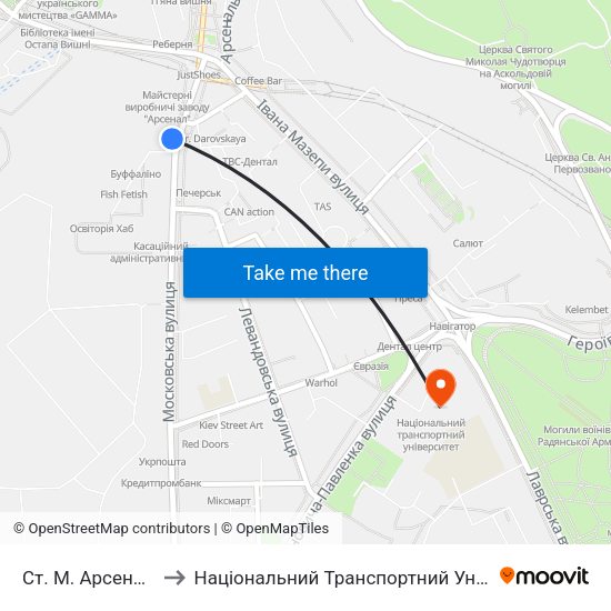 Ст. М. Арсенальна to Національний Транспортний Університет map
