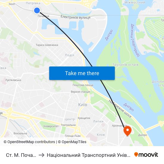 Ст. М. Почайна to Національний Транспортний Університет map