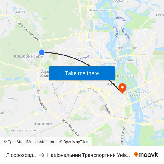 Лісорозсадник to Національний Транспортний Університет map