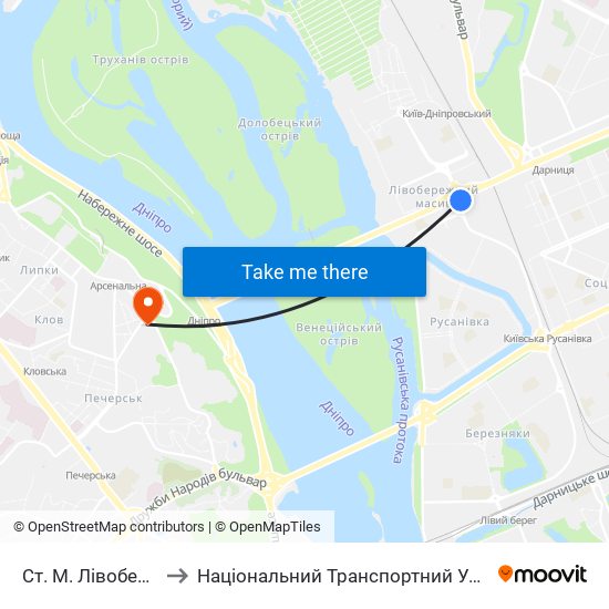 Ст. М. Лівобережна to Національний Транспортний Університет map