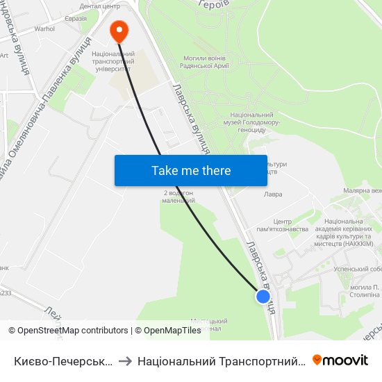 Києво-Печерська Лавра to Національний Транспортний Університет map