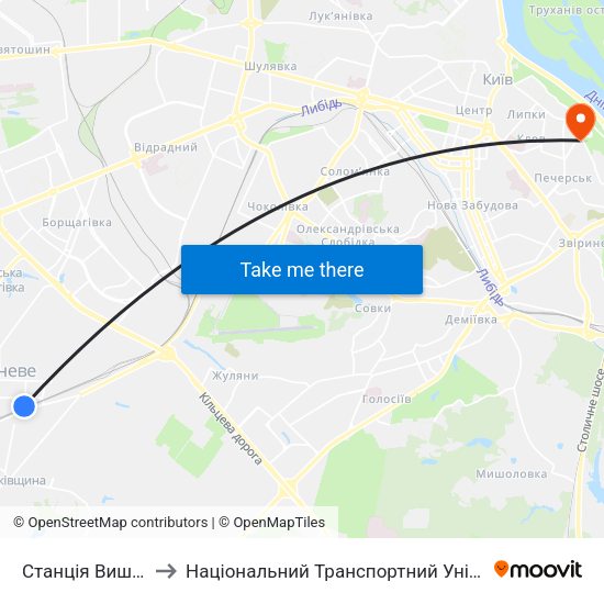 Станція Вишневе to Національний Транспортний Університет map